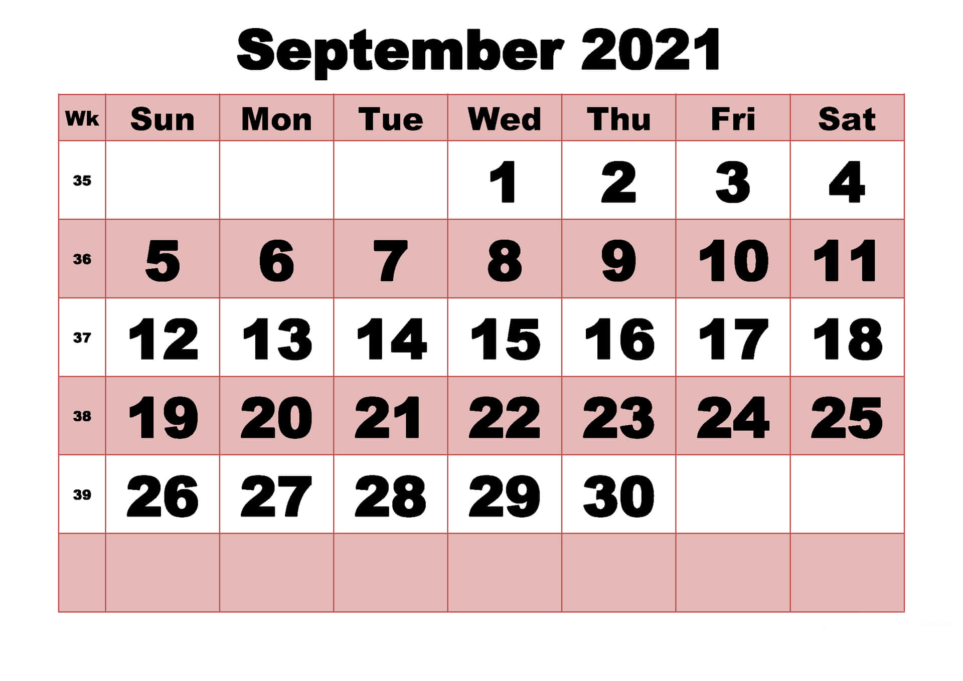 September2021 Kalender Med Helgdagar Wallpaper