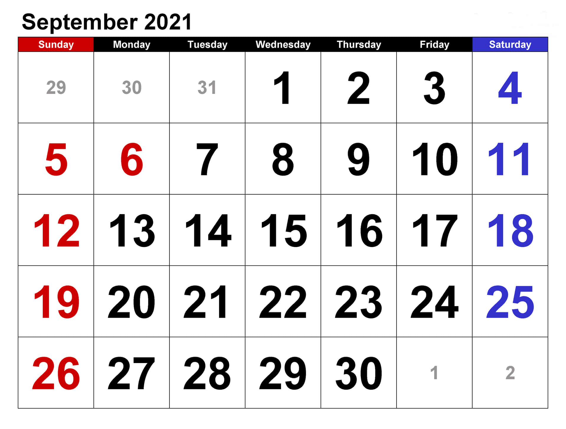 September2021-kalender Med Helgdagar. Wallpaper