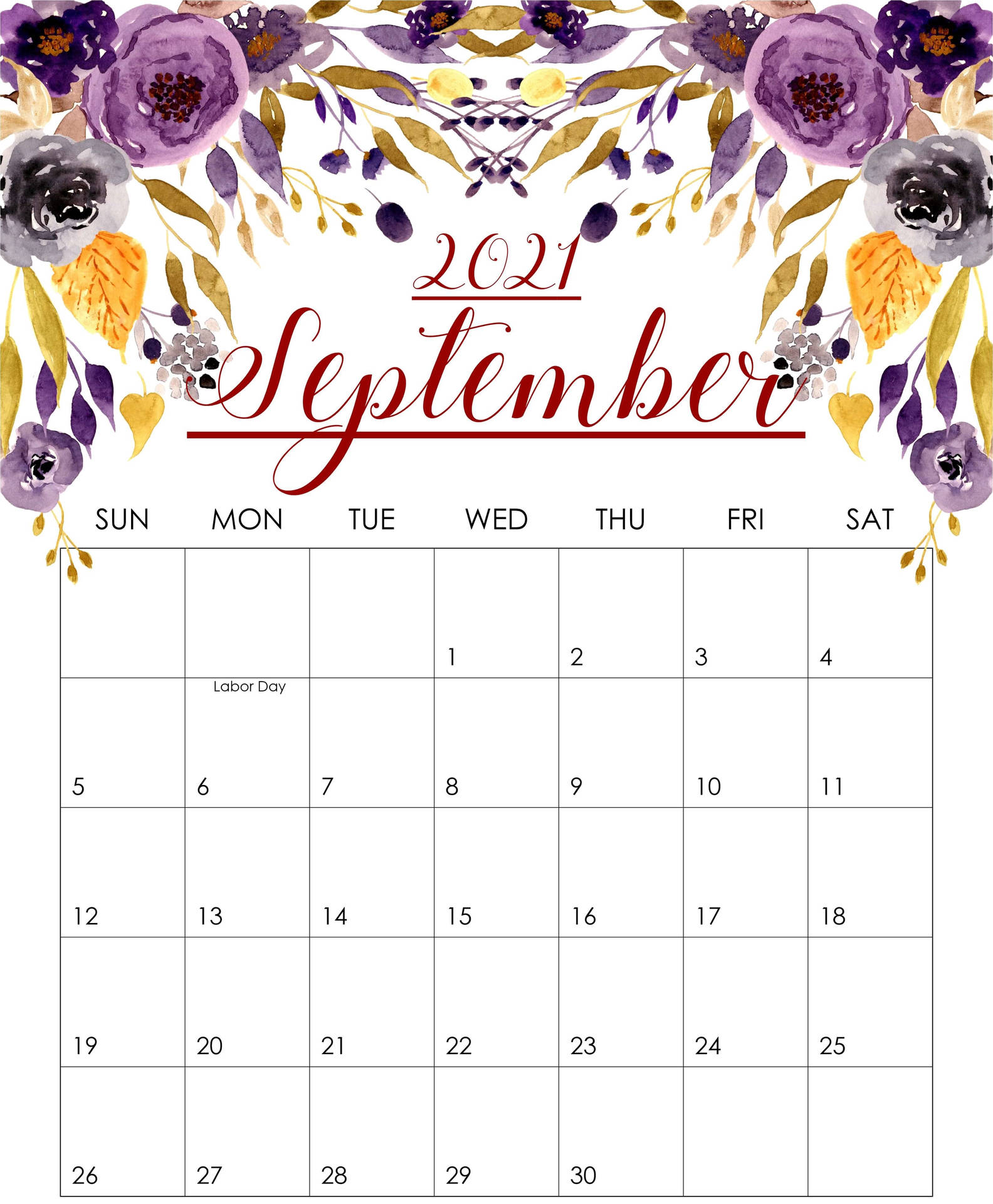 September 2021 Purple Flowers Calendar