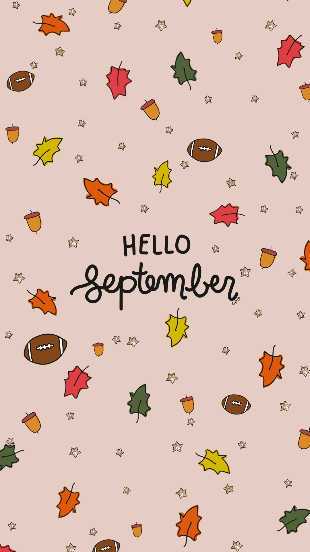 Welcome September! Background — A cheerful September wallpaper with scattered autumn leaves footballs and acorns on a soft pink background.