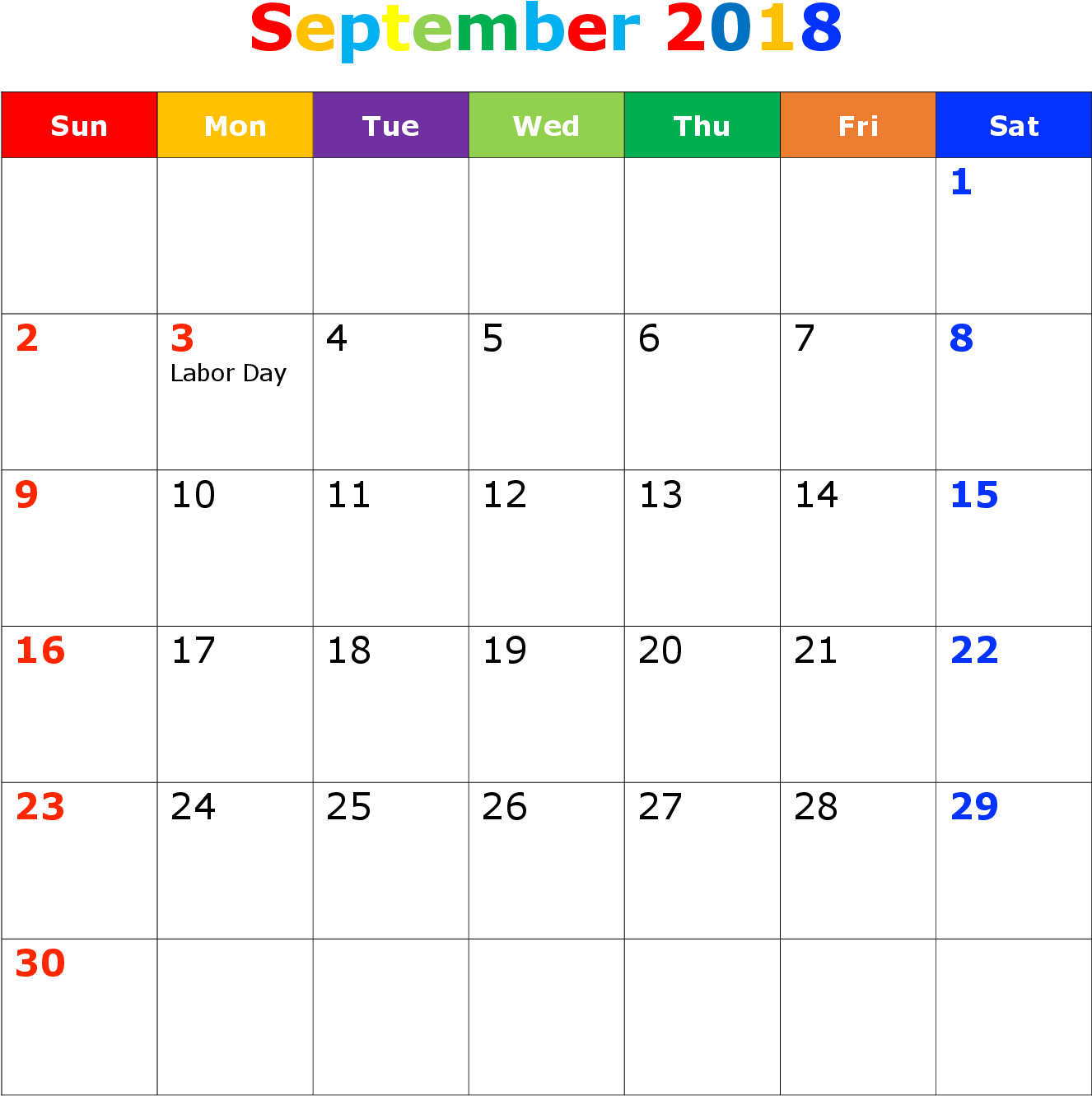 September2018 Calendar PNG