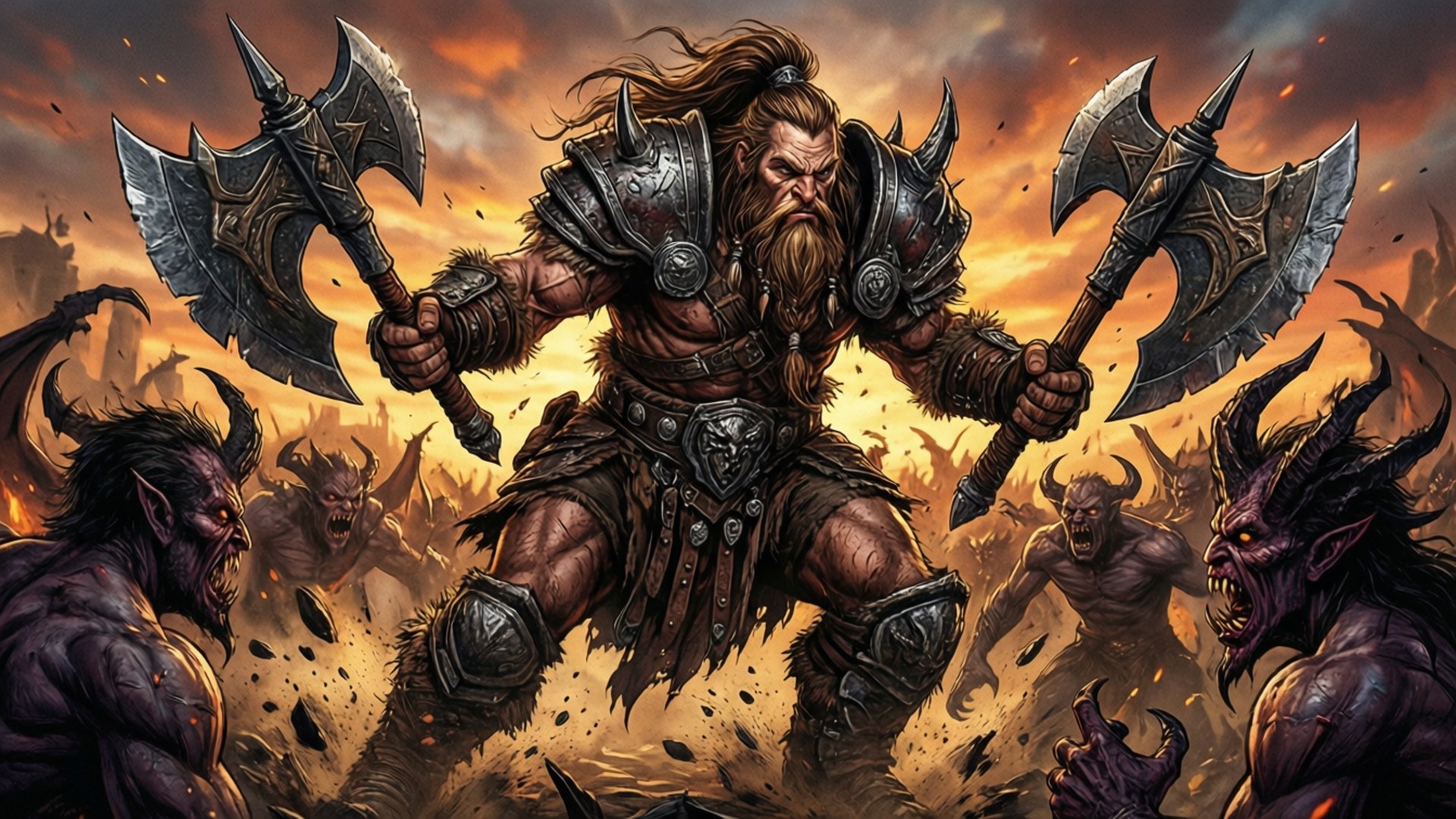 Barbarian's Charge Wallpaper — A muscular bearded warrior in spiked armor wields two battle axes against demonic foes under a fiery orange sky.