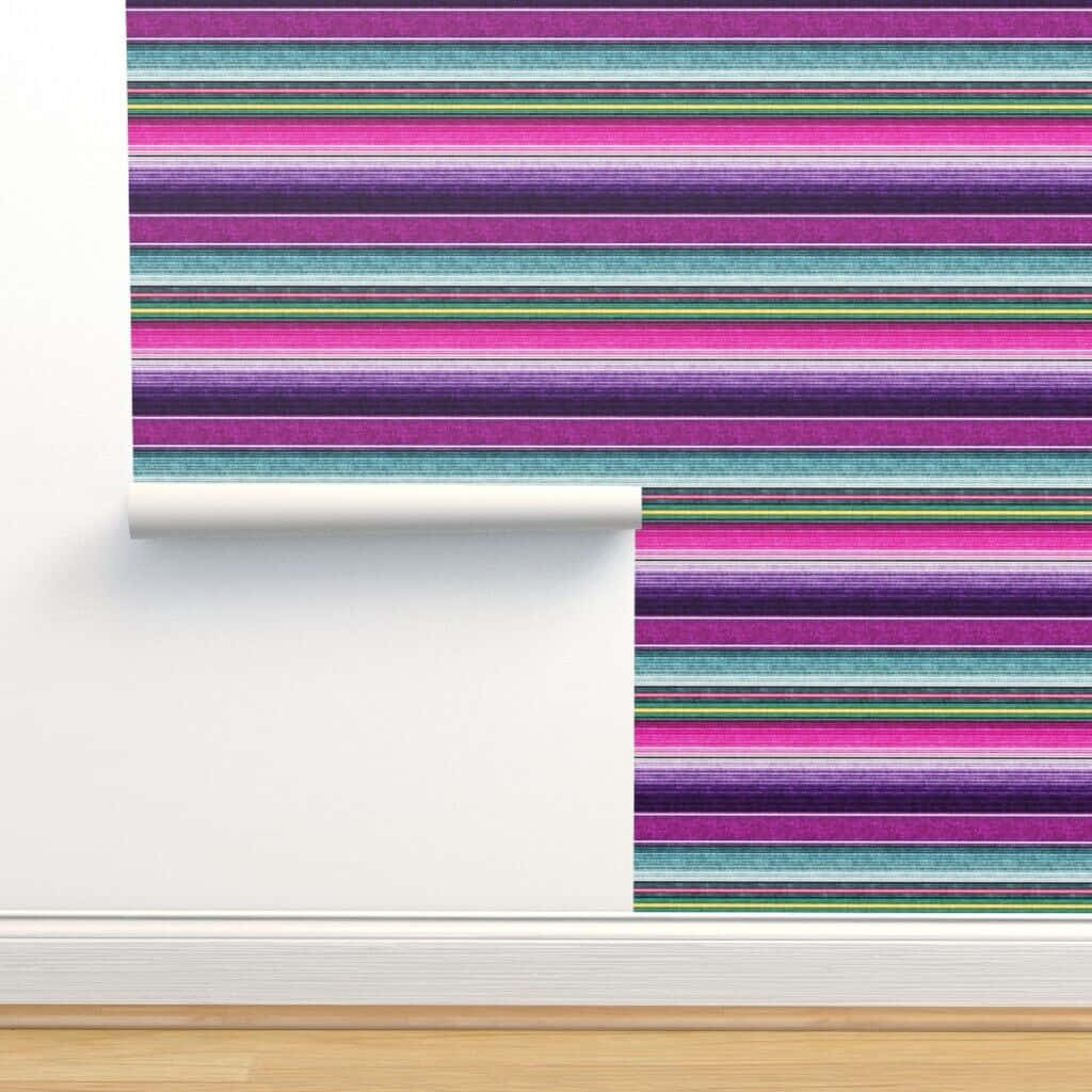 A Purple And Blue Striped Wallpaper In A Room Wallpaper