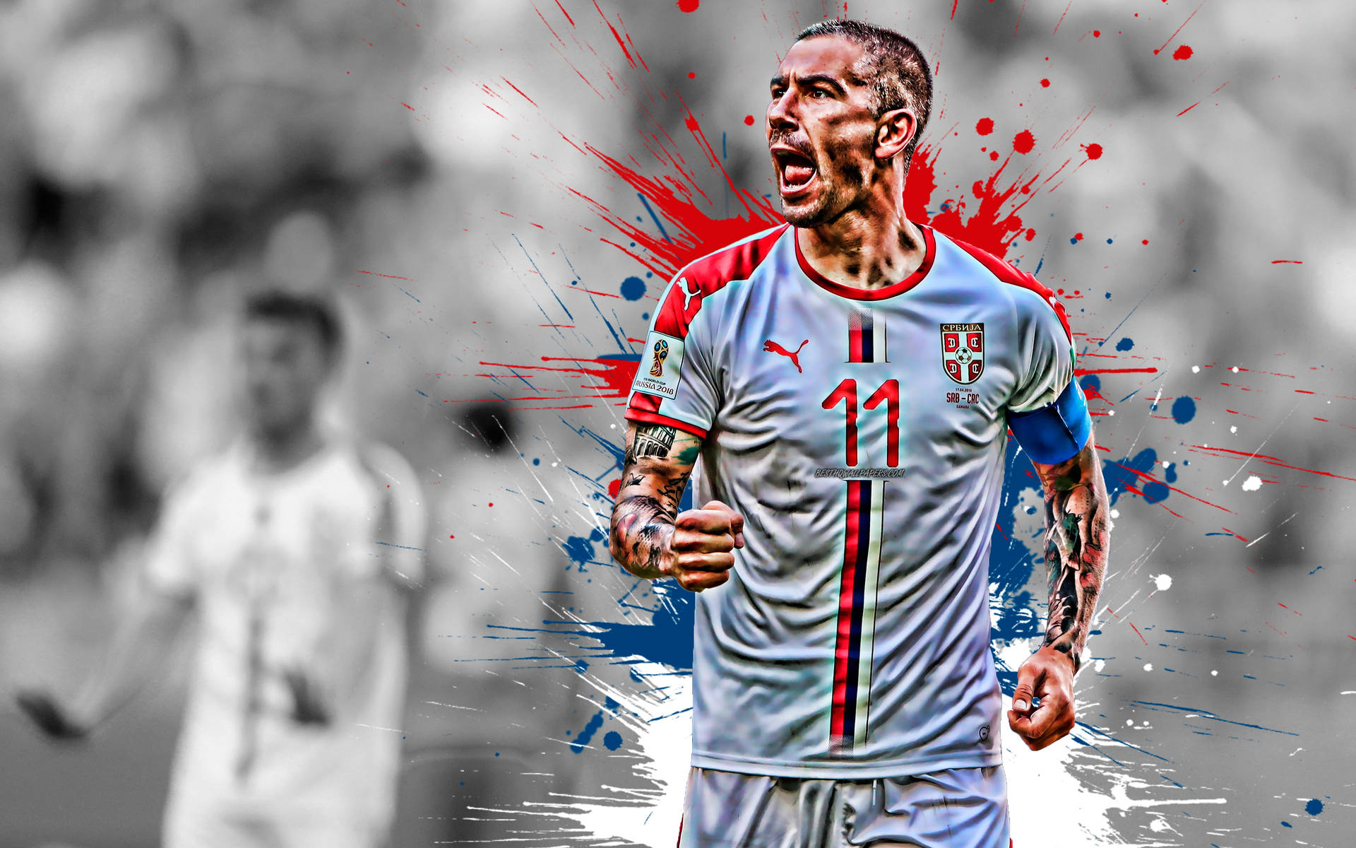 Nationale fodboldhold af Serbia Aleksandar Kolarov rød hvid blå tapet Wallpaper