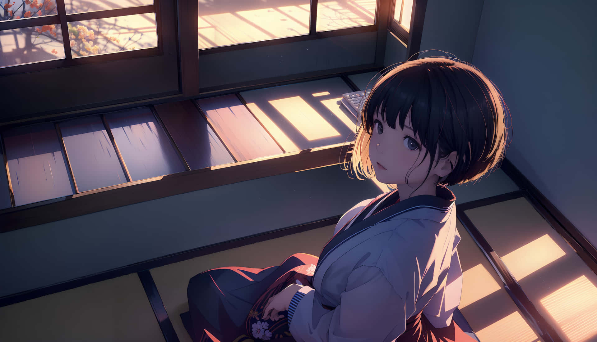 Serene_ Anime_ Girl_ Traditional_ Room_ Sunset Wallpaper