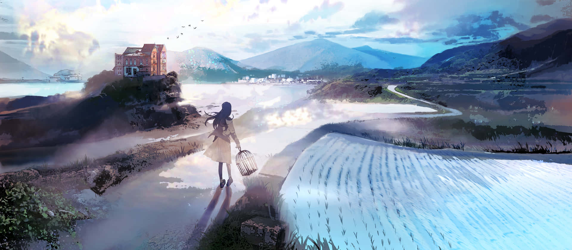 Serene Anime Landscapewith Character Wallpaper