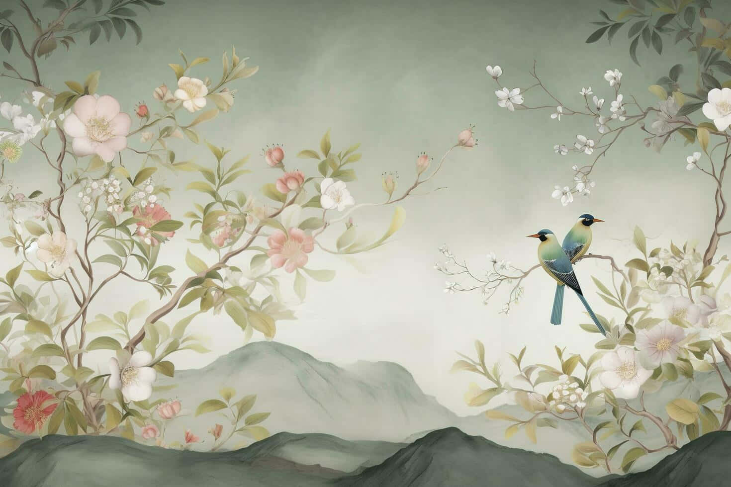 Serene_ Birds_and_ Floral_ Mural Wallpaper