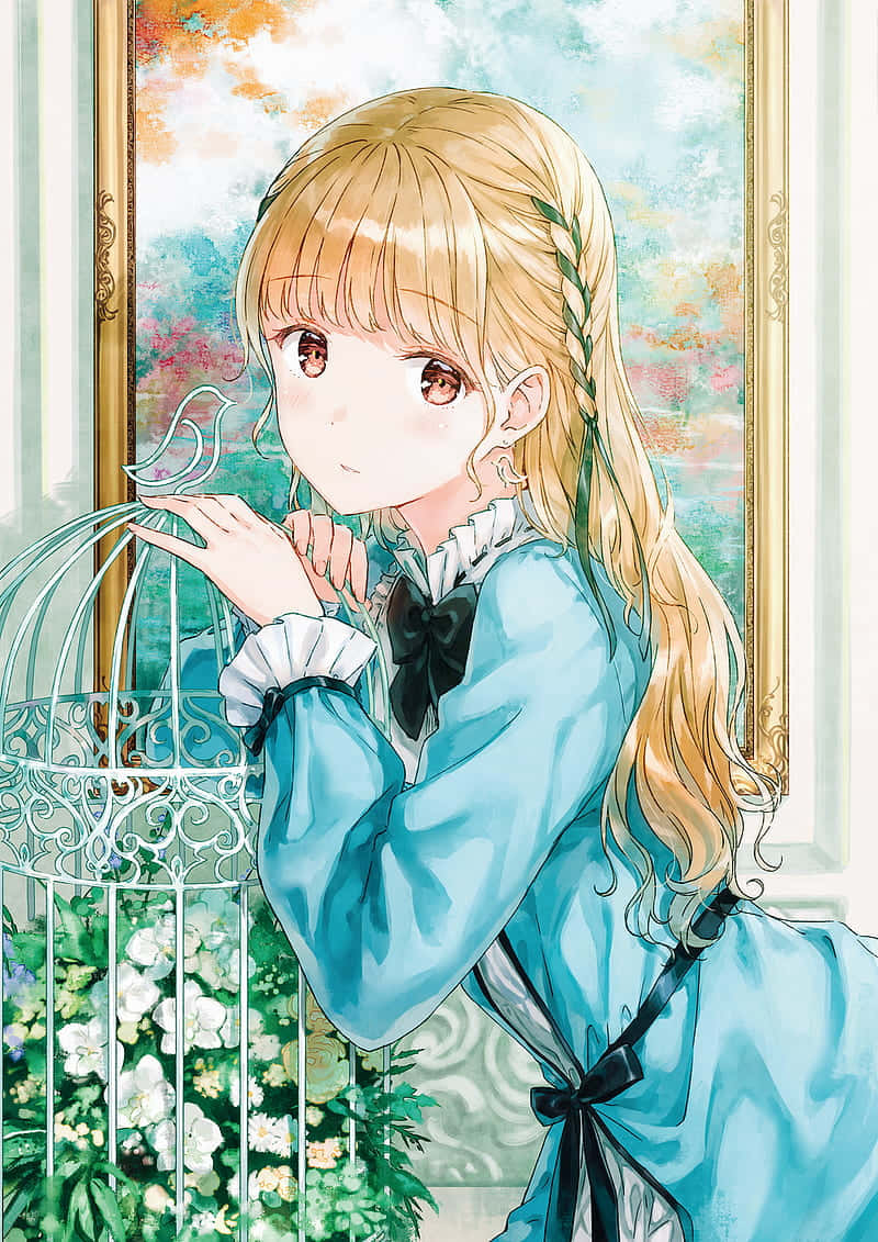 Serene Blonde Anime Girlwith Birdcage Wallpaper