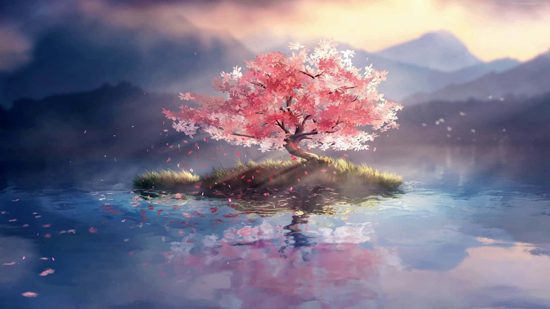 Serene Cherry Blossom Island Anime Scene Wallpaper