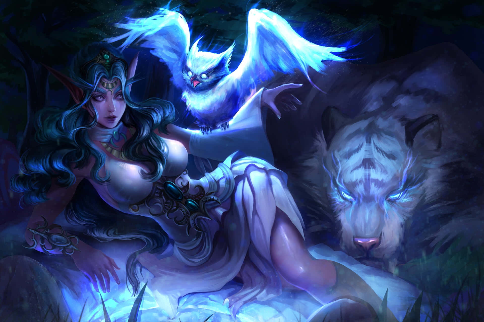 Serene Elven Priestess In Moonlight Wallpaper
