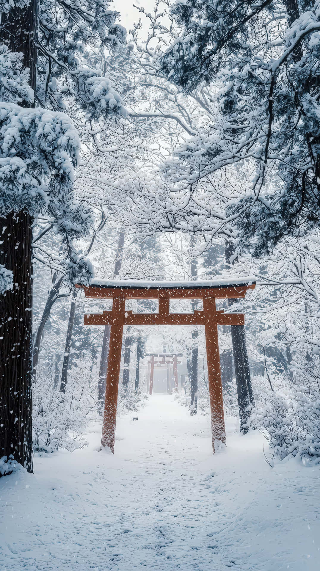 Serene Japanese Torii Gate Covered In Snow Amidst A Peaceful Winter Forest With Falling Snowflakes Wallpaper