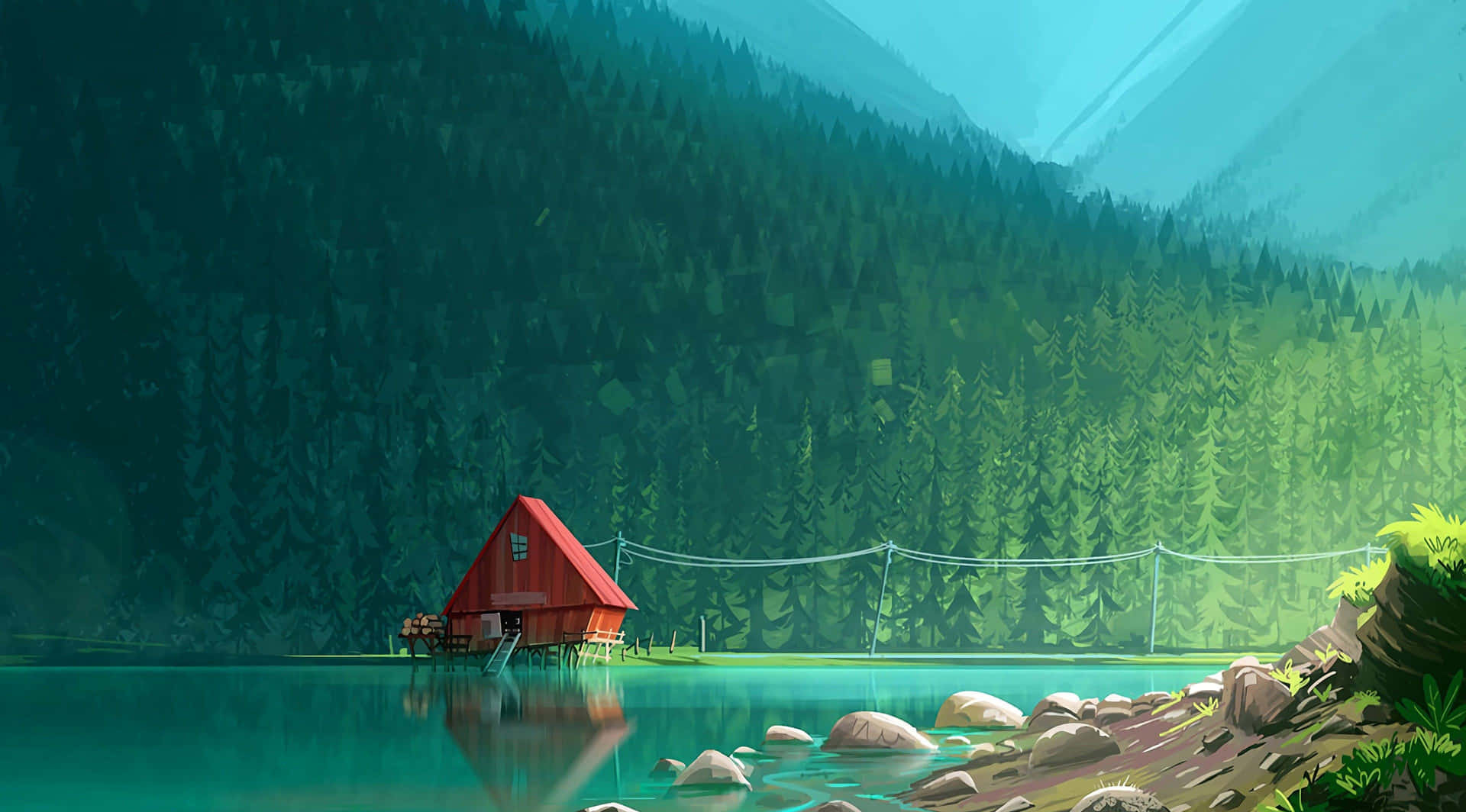 Serene Lakeside Cabin Illustration Wallpaper