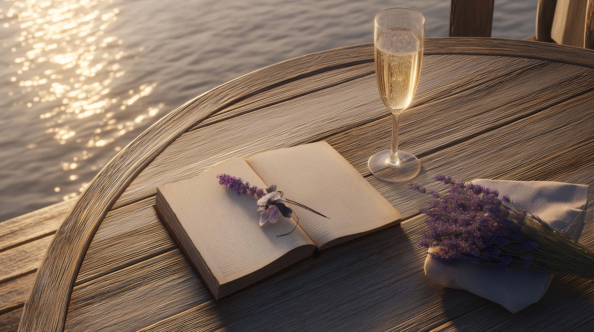 Serene Lakeside Table With Open Book, Champagne, And Lavender Wallpaper