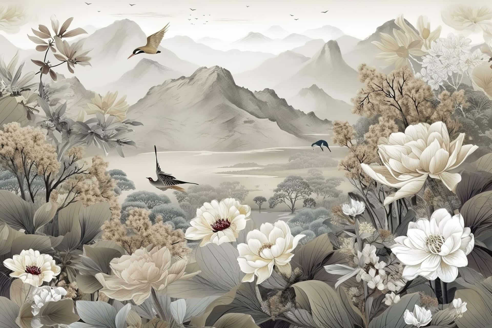 Serene_ Monochrome_ Floral_ Landscape Wallpaper