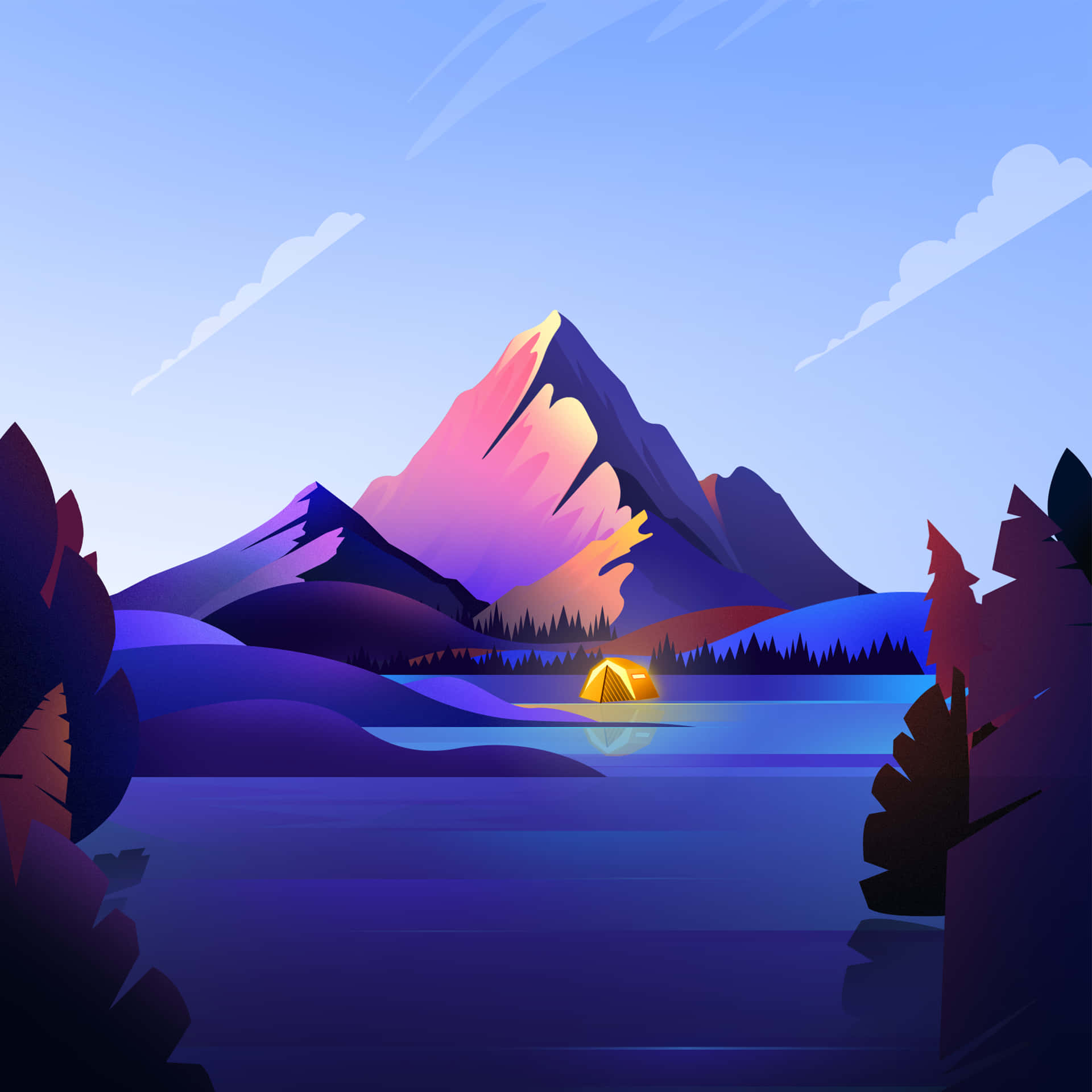 Serene Mountain Lake Camping Illustration Wallpaper