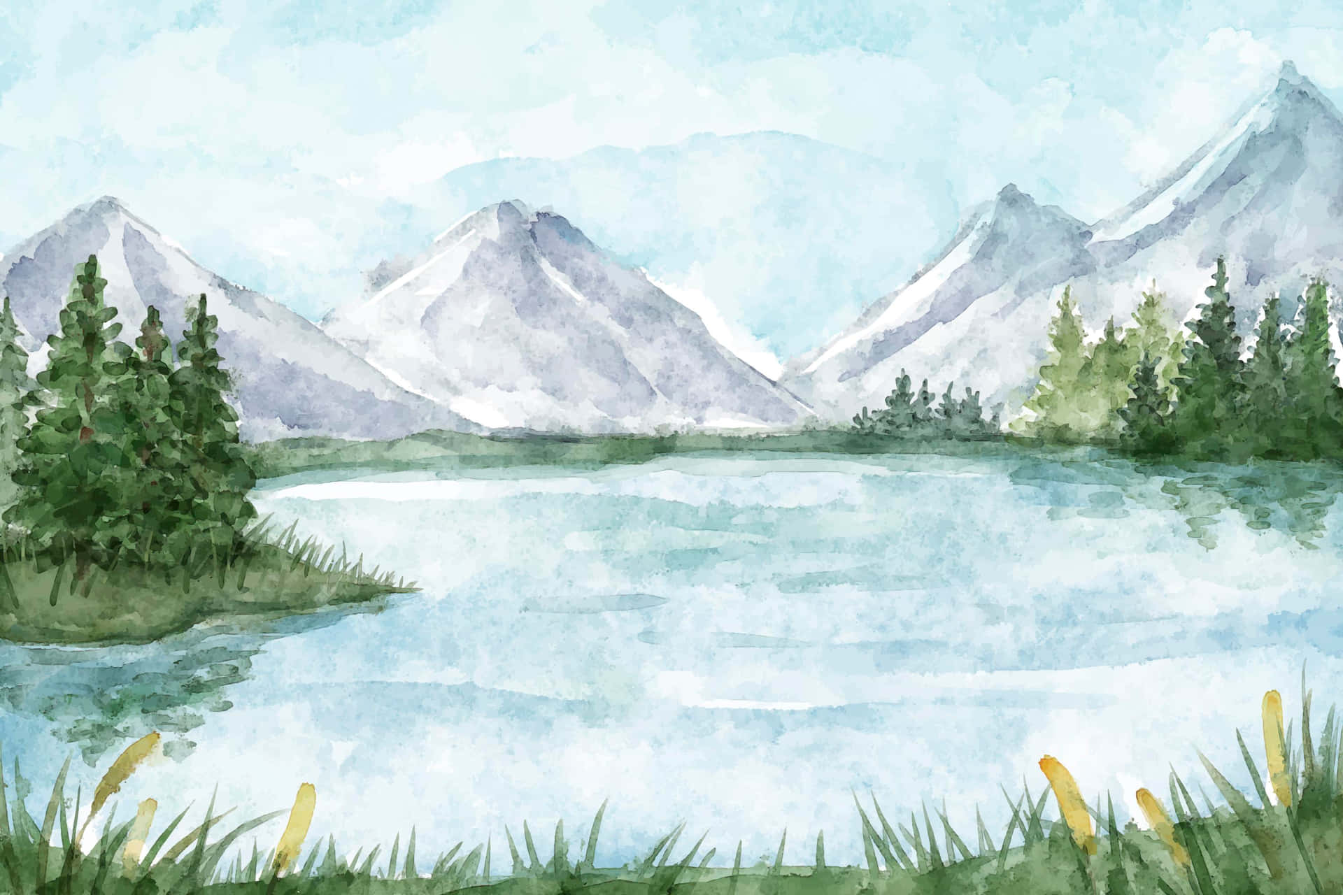 Serene Mountain Lake Watercolor Wallpaper