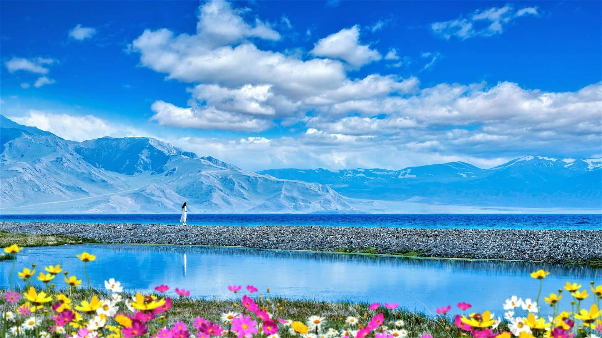 Serene Bergmeer Met Bloemen En Figurant Achtergrond