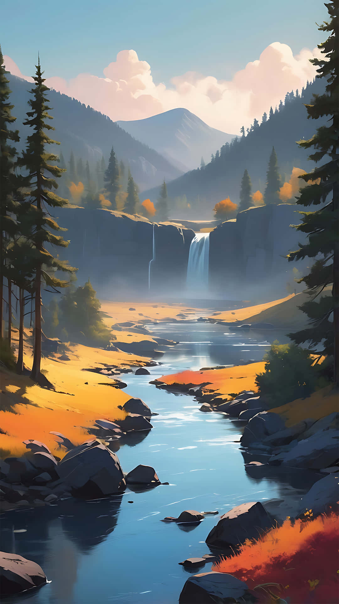 Serene Mountain River With Waterfall And Forest Wallpaper