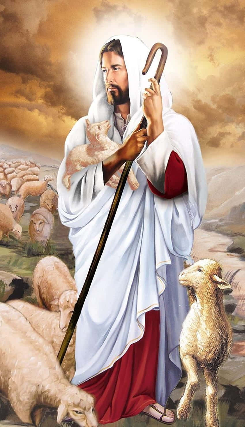 Serene Picture Of Jesus With Sheep Wallpaper