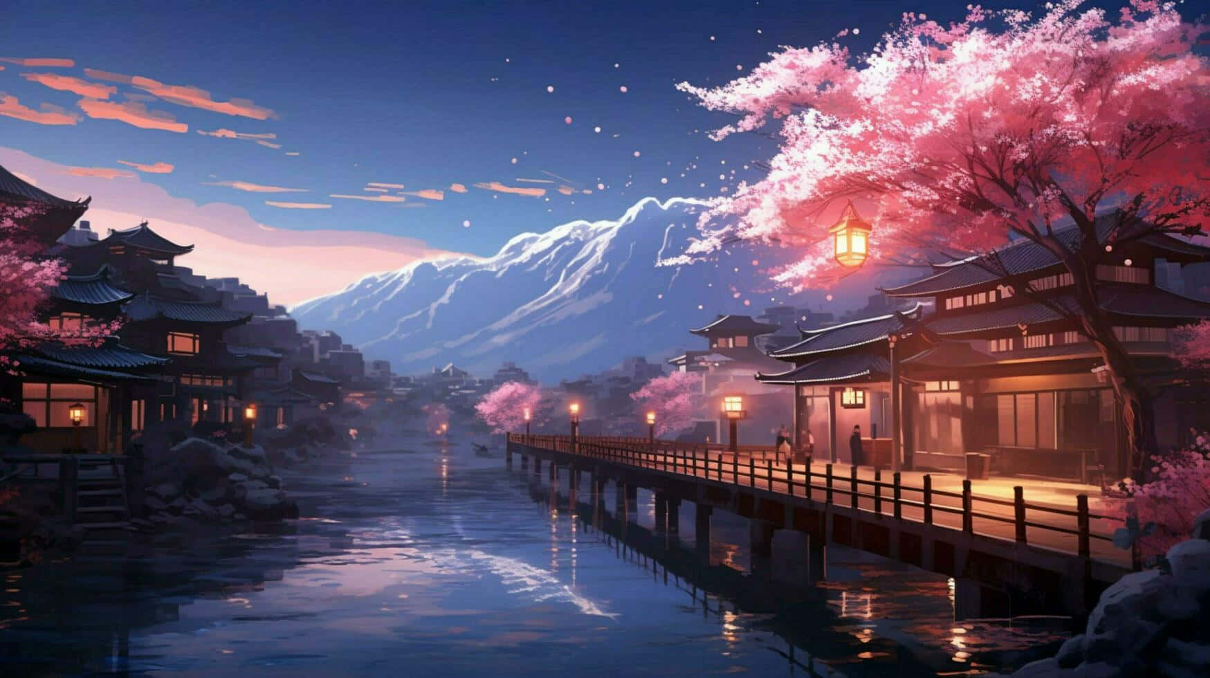 Serene_ Twilight_ Sakura_ Townscape Wallpaper