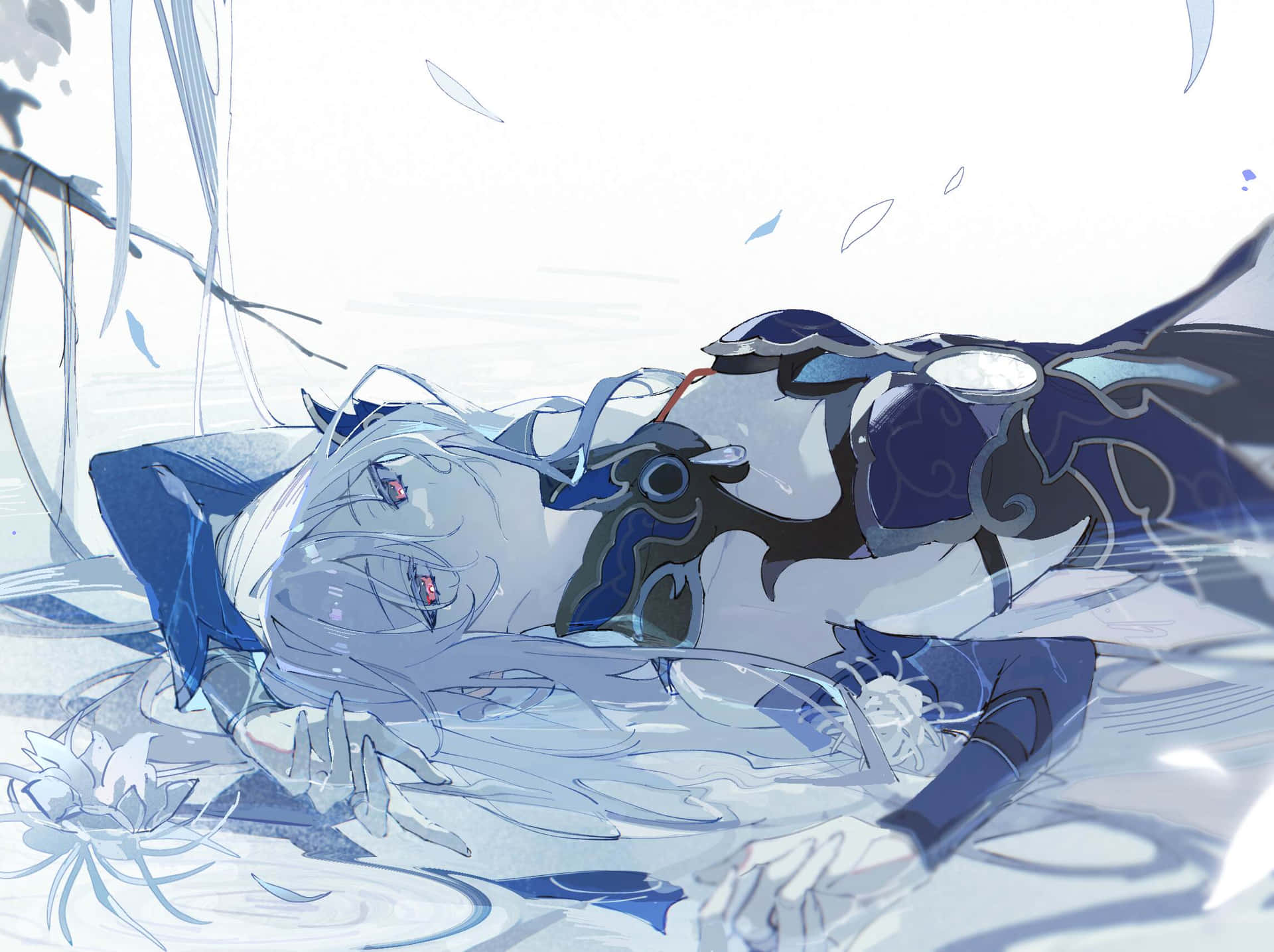 Serene Water Anime Character Resting Wallpaper