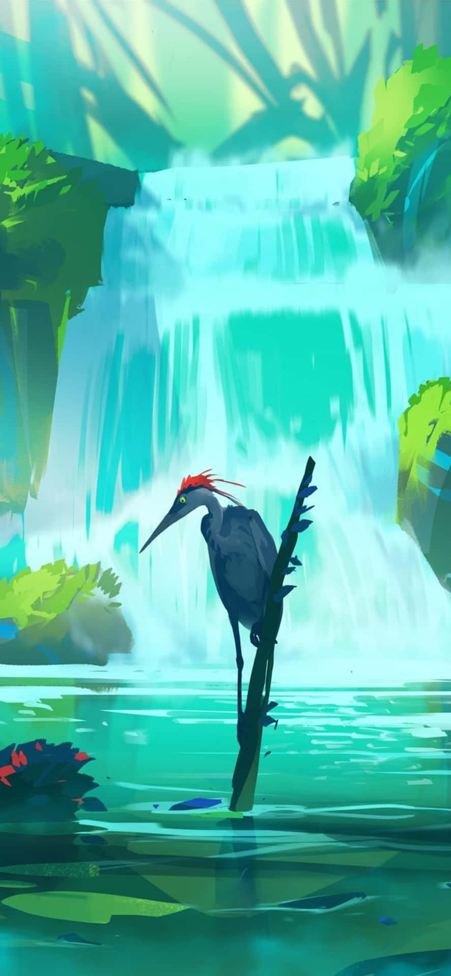 Serene Waterfall Heron Artwork Wallpaper