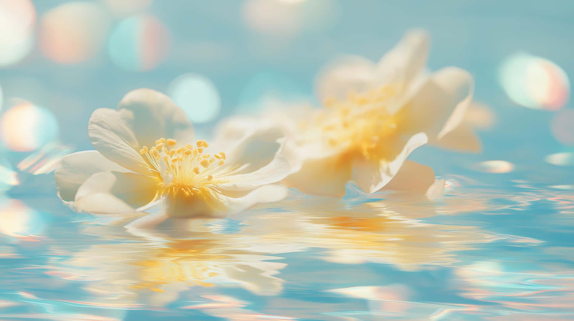 Serene White Yellow Flowers On Water With Bokeh Reflection Wallpaper