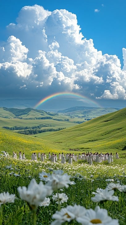 Serenity In Green: Rainbow Over Flower‑laded Hills Wallpaper