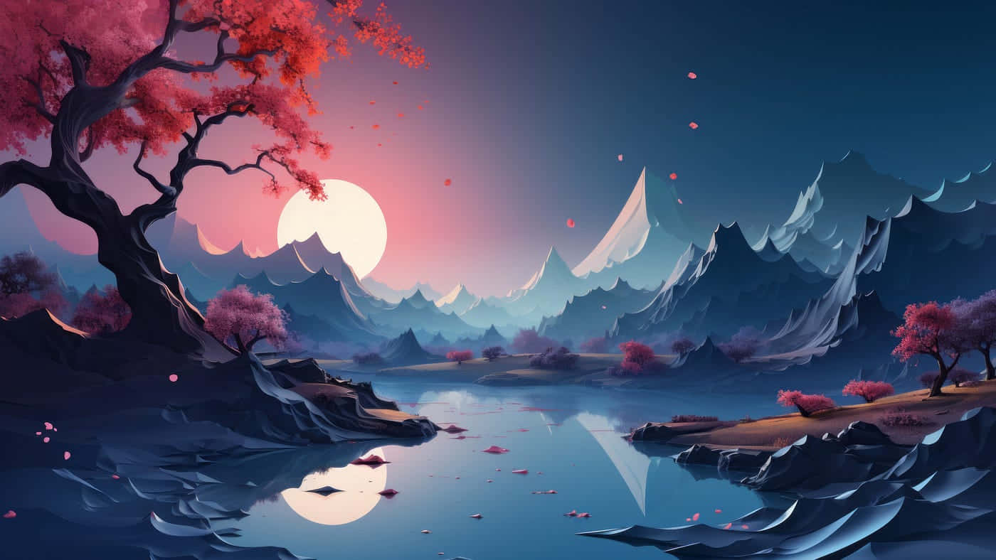Serenity Lake Sunset Digital Art Wallpaper