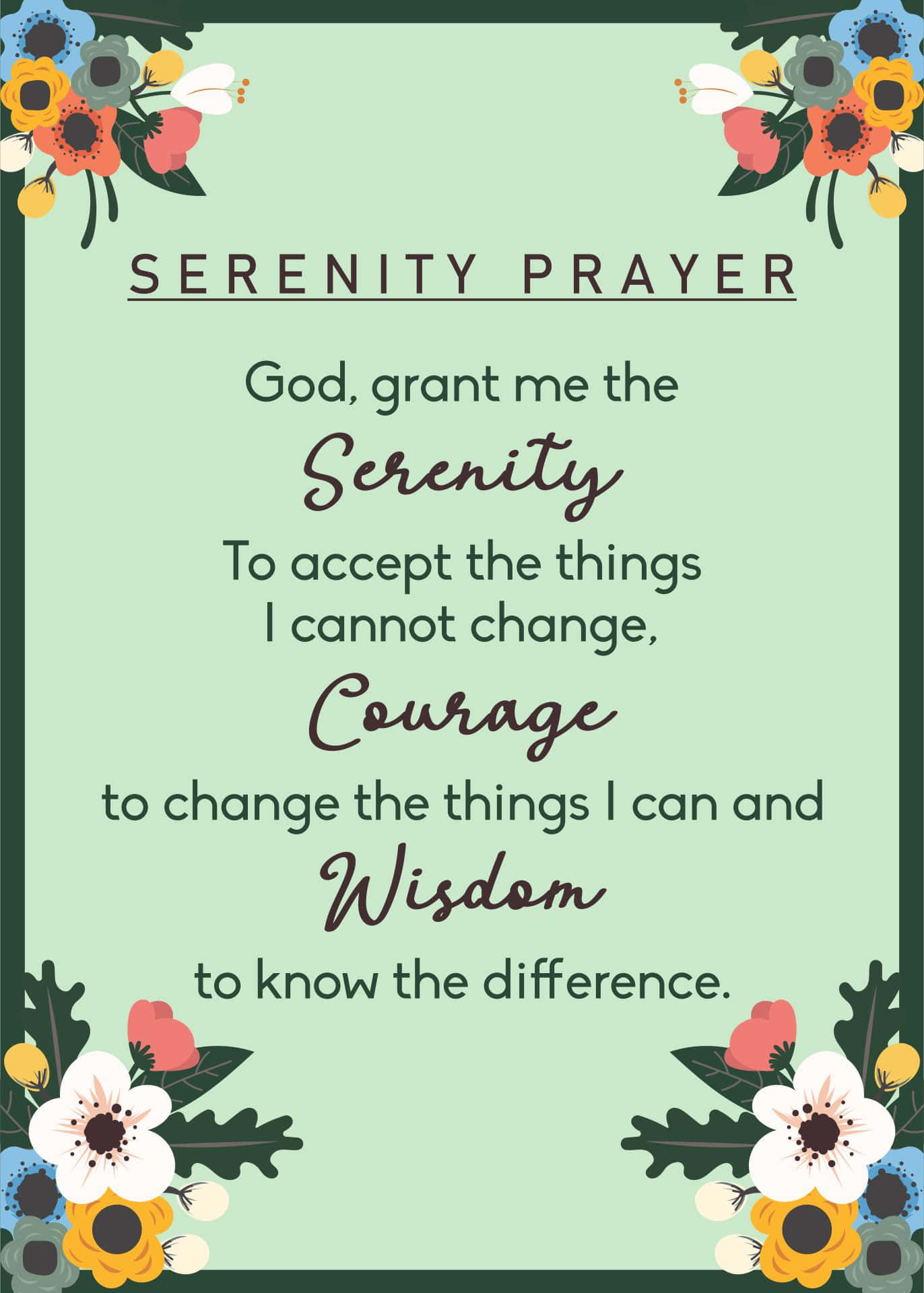 Green Stationery Serenity Prayer With Flowers Wallpaper
