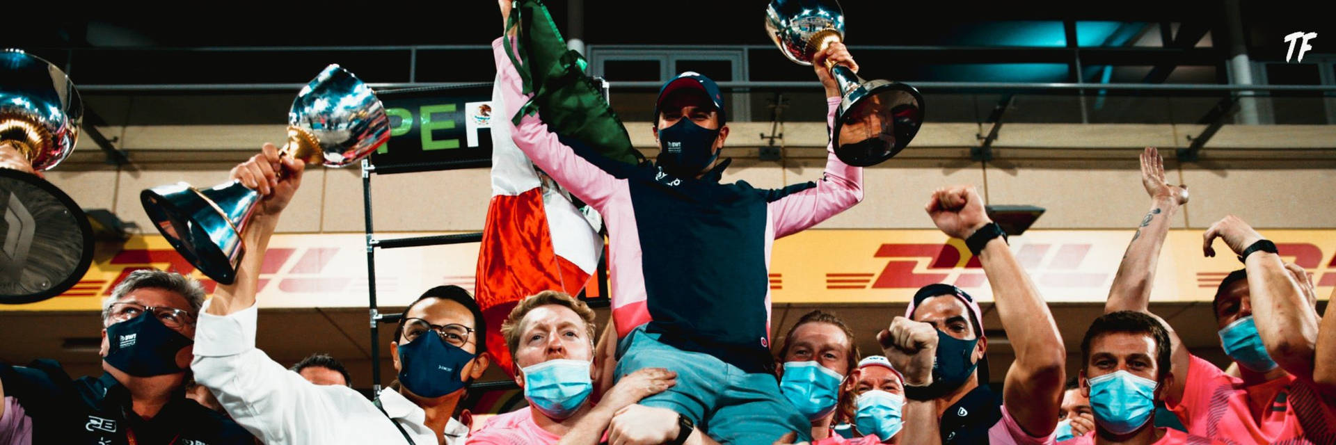 Sergio Perez victorious on teammate's shoulders Wallpaper