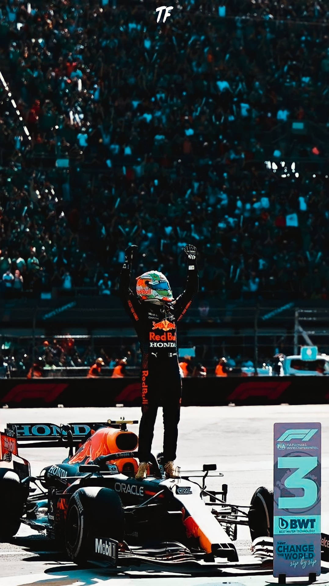 Download Sergio Perez Standing On F1 Car Wallpaper | Wallpapers.com