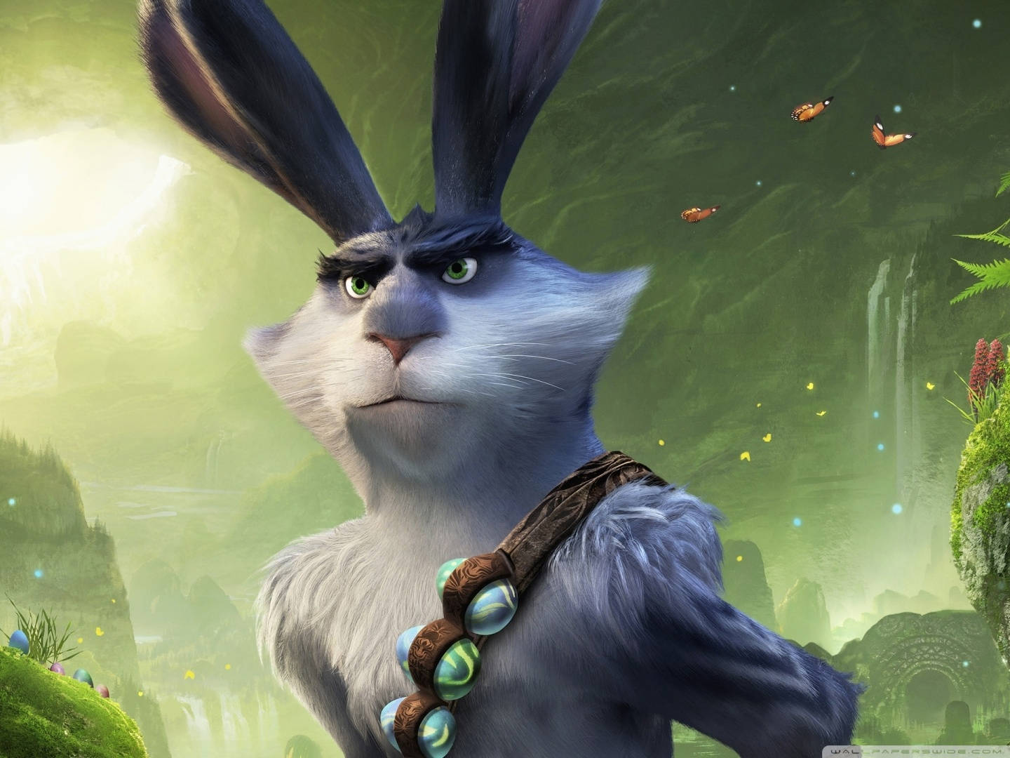 a rabbit in a forest with a necklace Wallpaper
