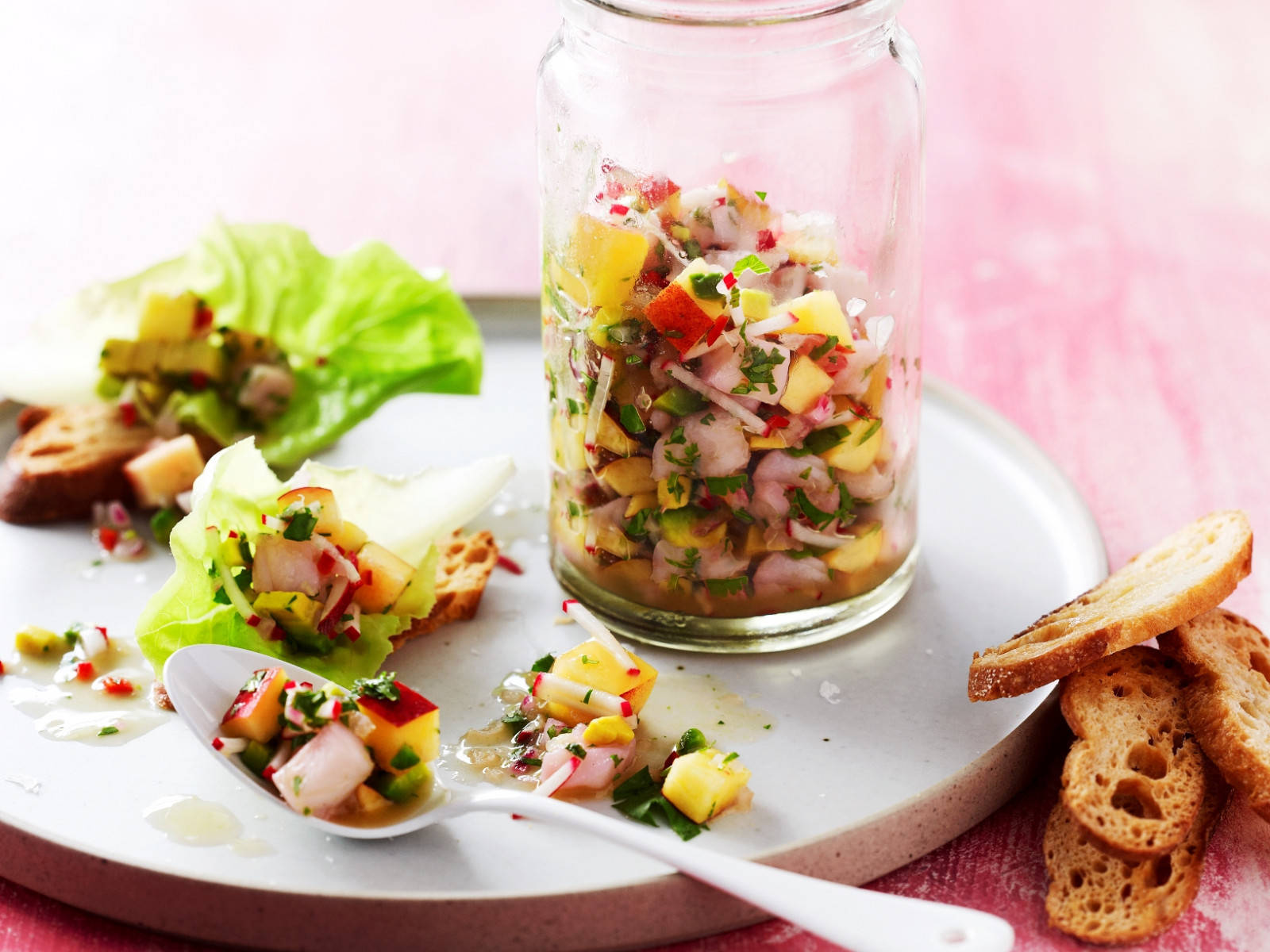Served Dish With A Jar Of Ceviche Wallpaper