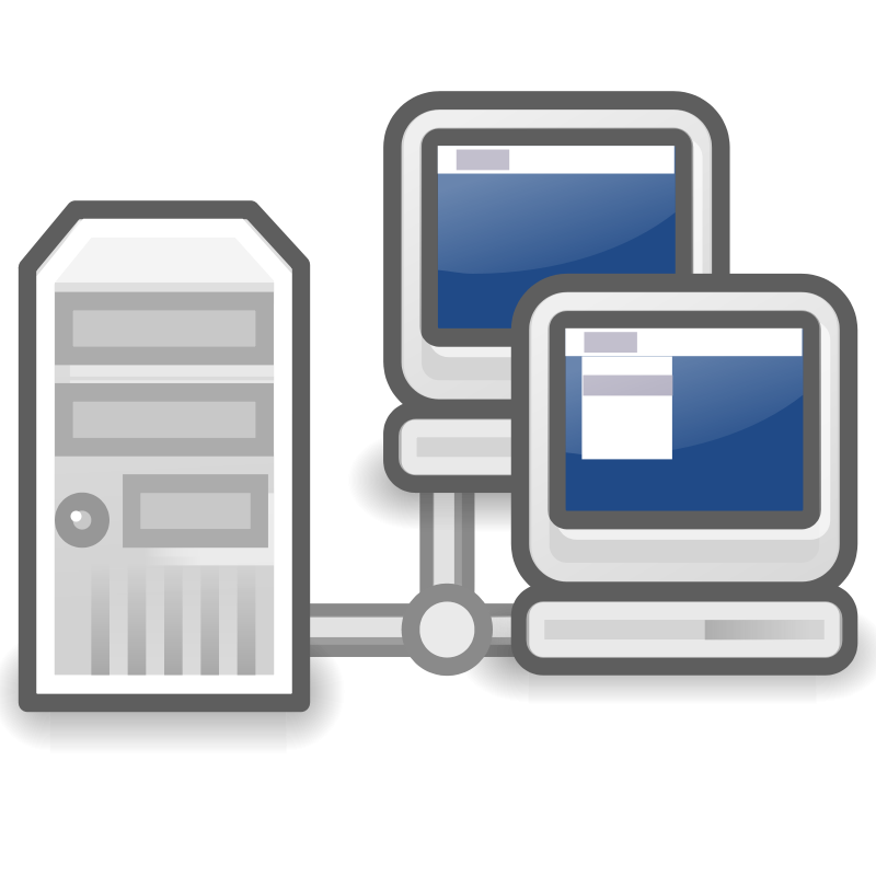 Server Connected Computers Icon PNG — A gray server tower connected by cables to two desktop computers with blue screens displaying windows.