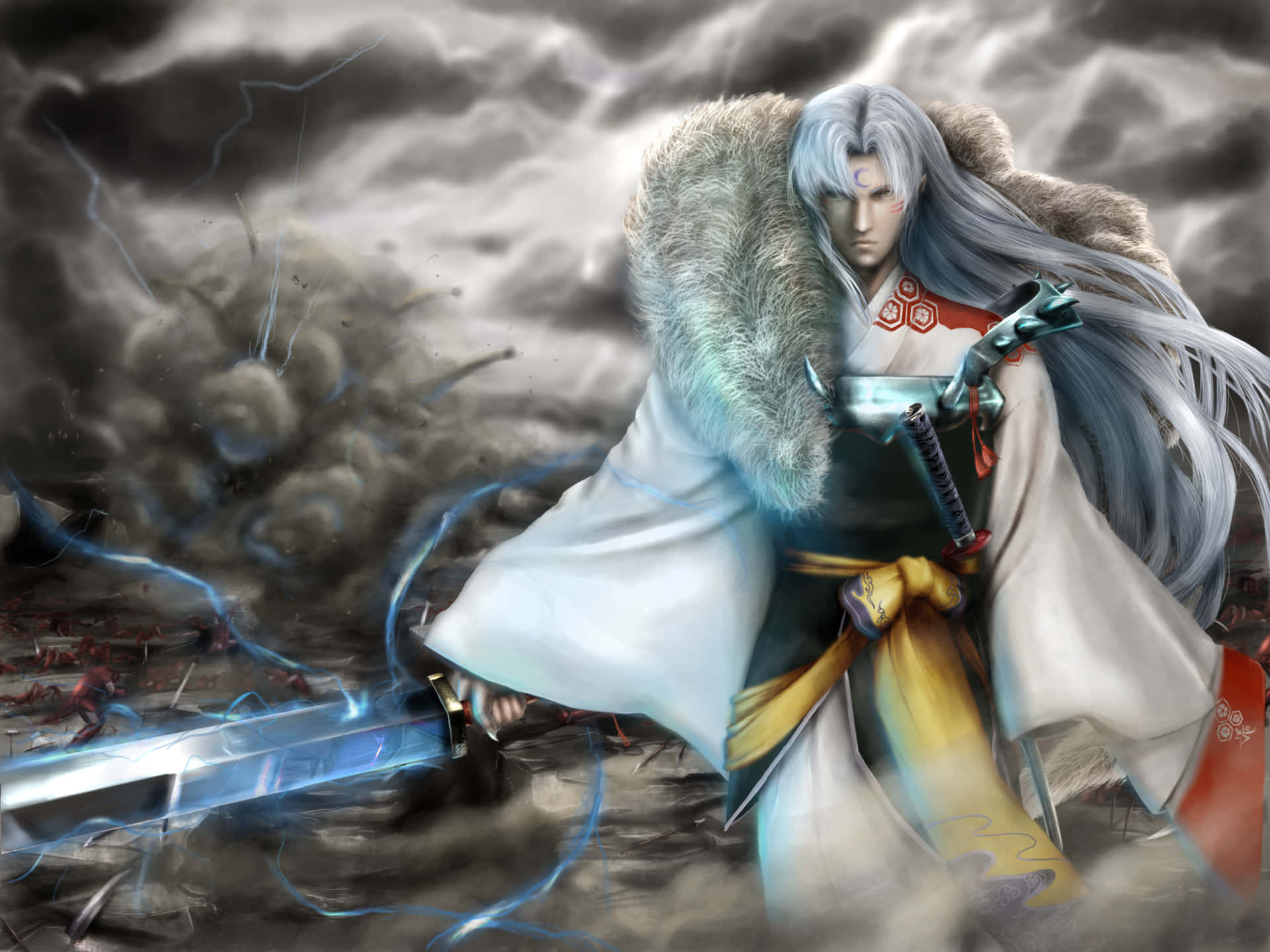 Majestic Sesshomaru in Action Wallpaper