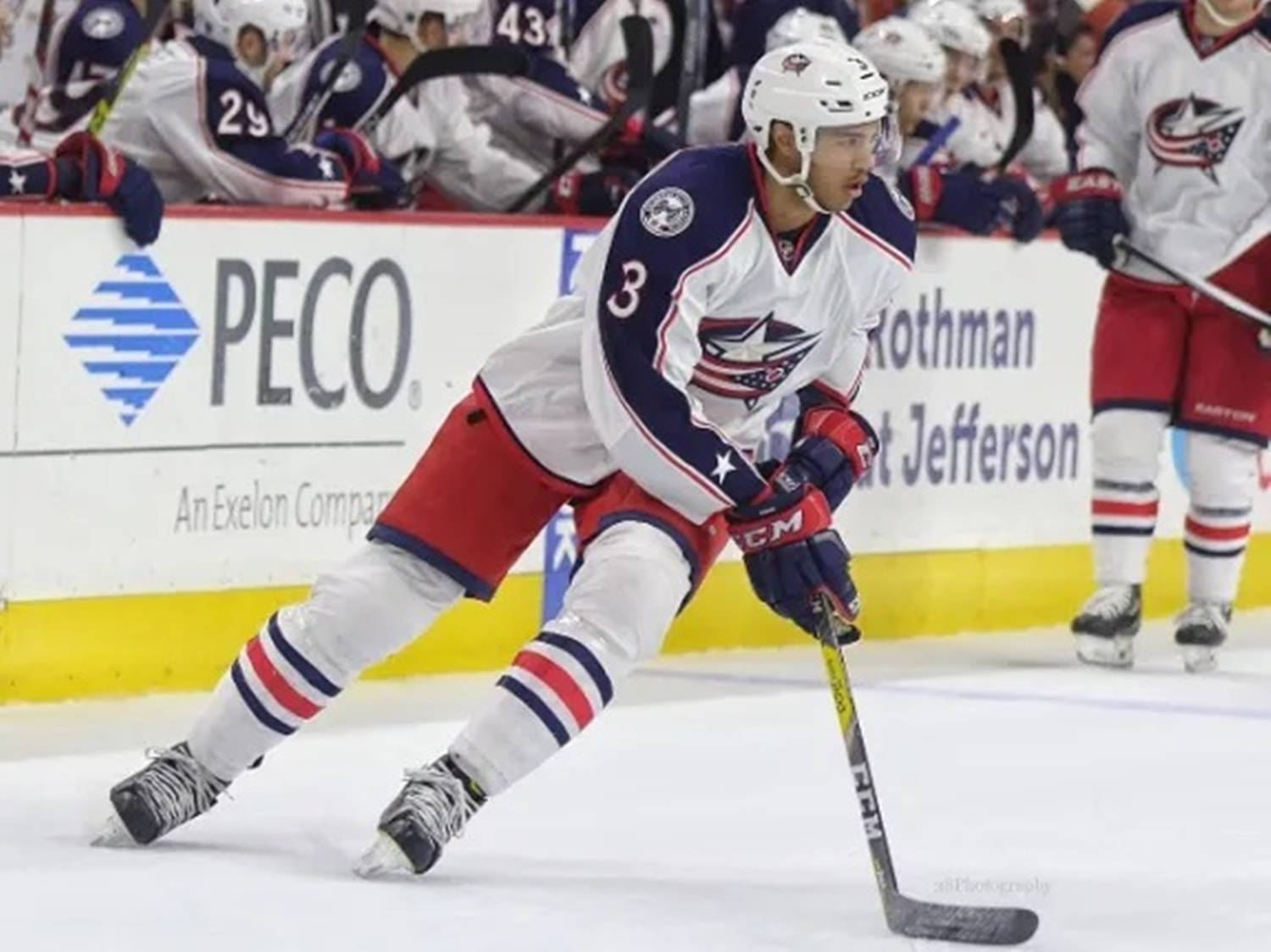 Seth Jones From Columbus Blue Jackets Leaning To The Left With Hockey Stick Wallpaper