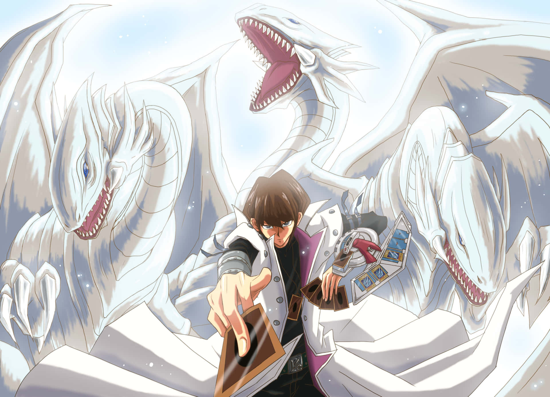 Seto Kaiba confidently standing against an epic dueling arena backdrop Wallpaper