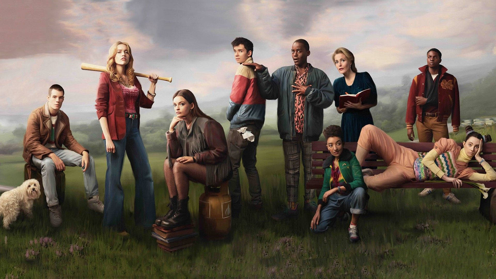Sex Education Cast In Meadow Background