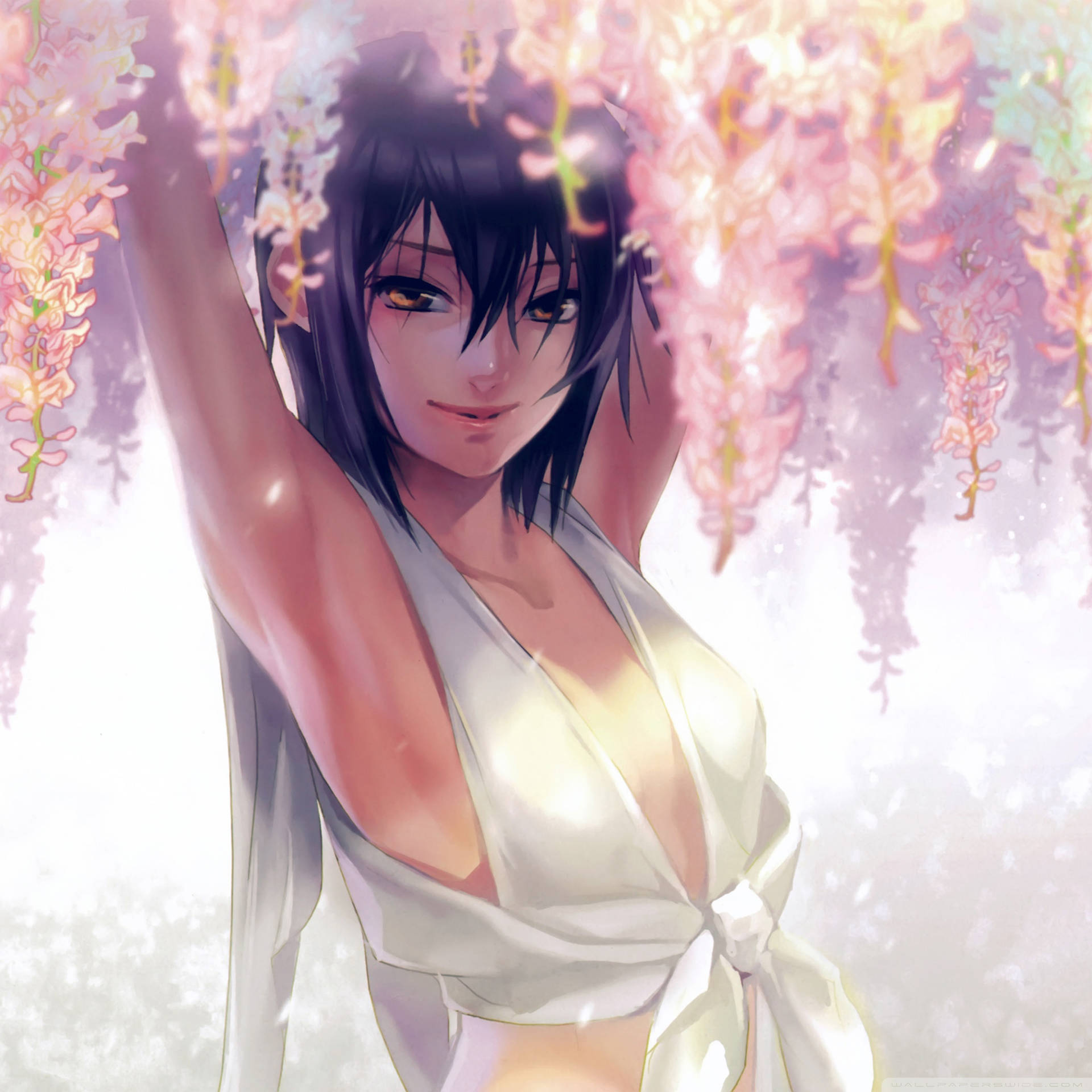 Sexy Anime Girl With Flowers Wallpaper