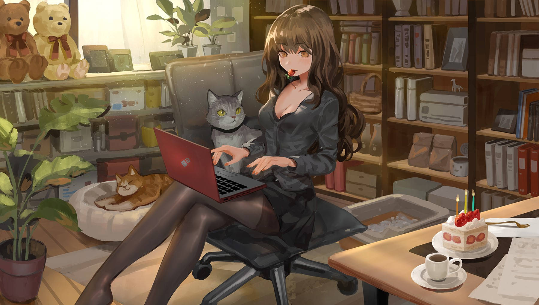 Sexy Goth Anime Girl Typing On Laptop