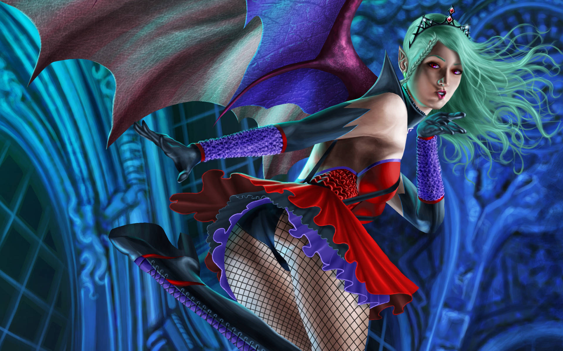 Sexy Succubus With Green Hair Wallpaper