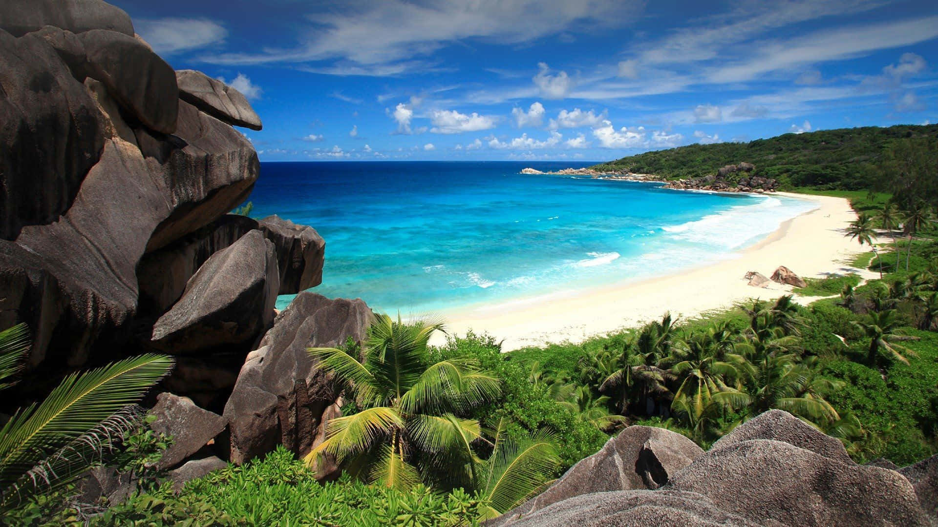 Pristine Seychelles Beach with Crystal Clear Water and Lush Greenery Wallpaper