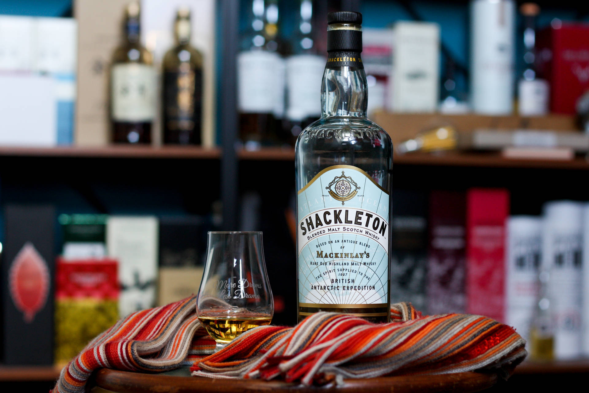 Shackleton Whisky Bottle Near Alcoholic Beverage Shelf Wallpaper