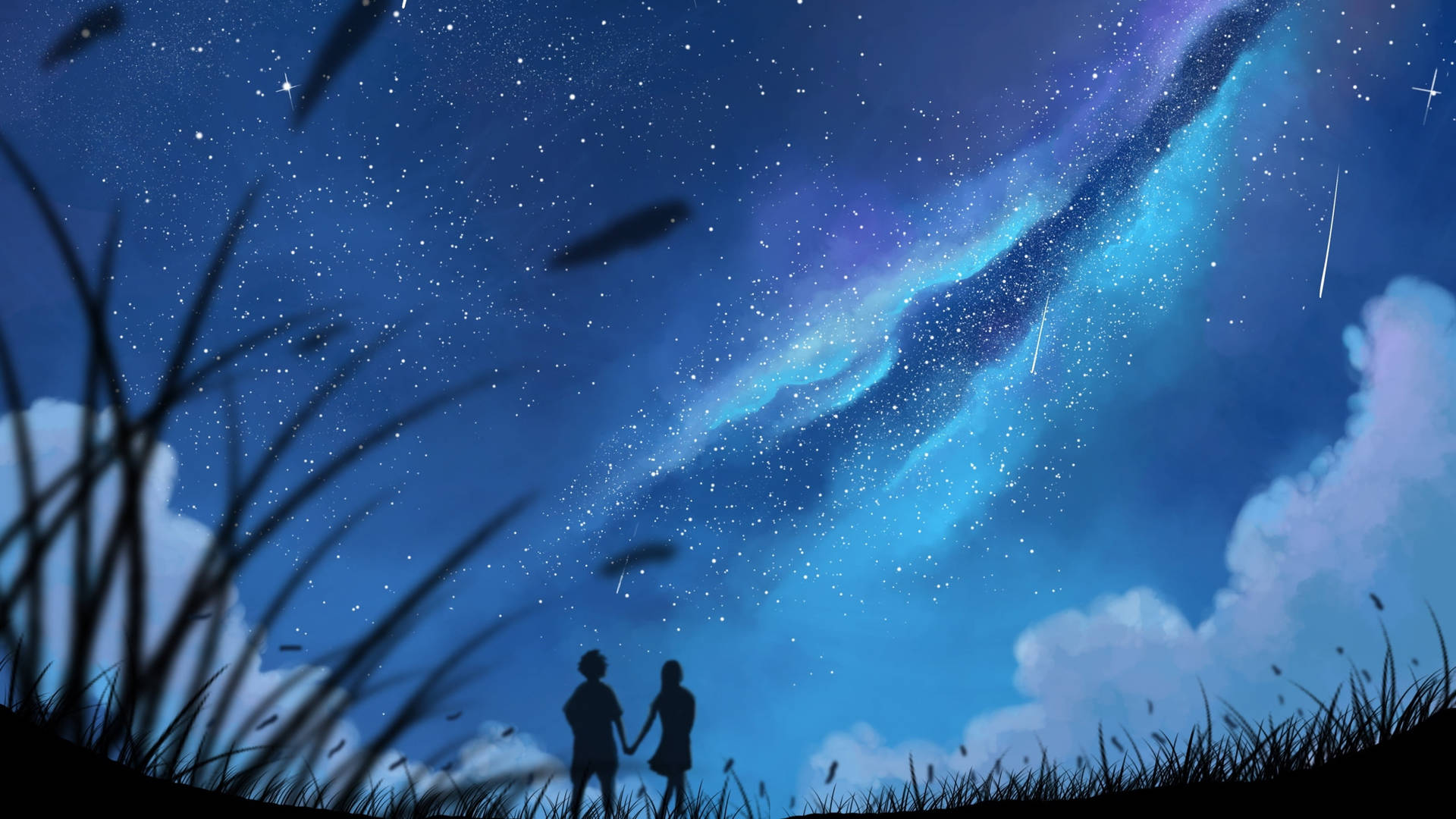 Parejade Anime Estética Con Sombras En El Cielo Nocturno Fondo de pantalla