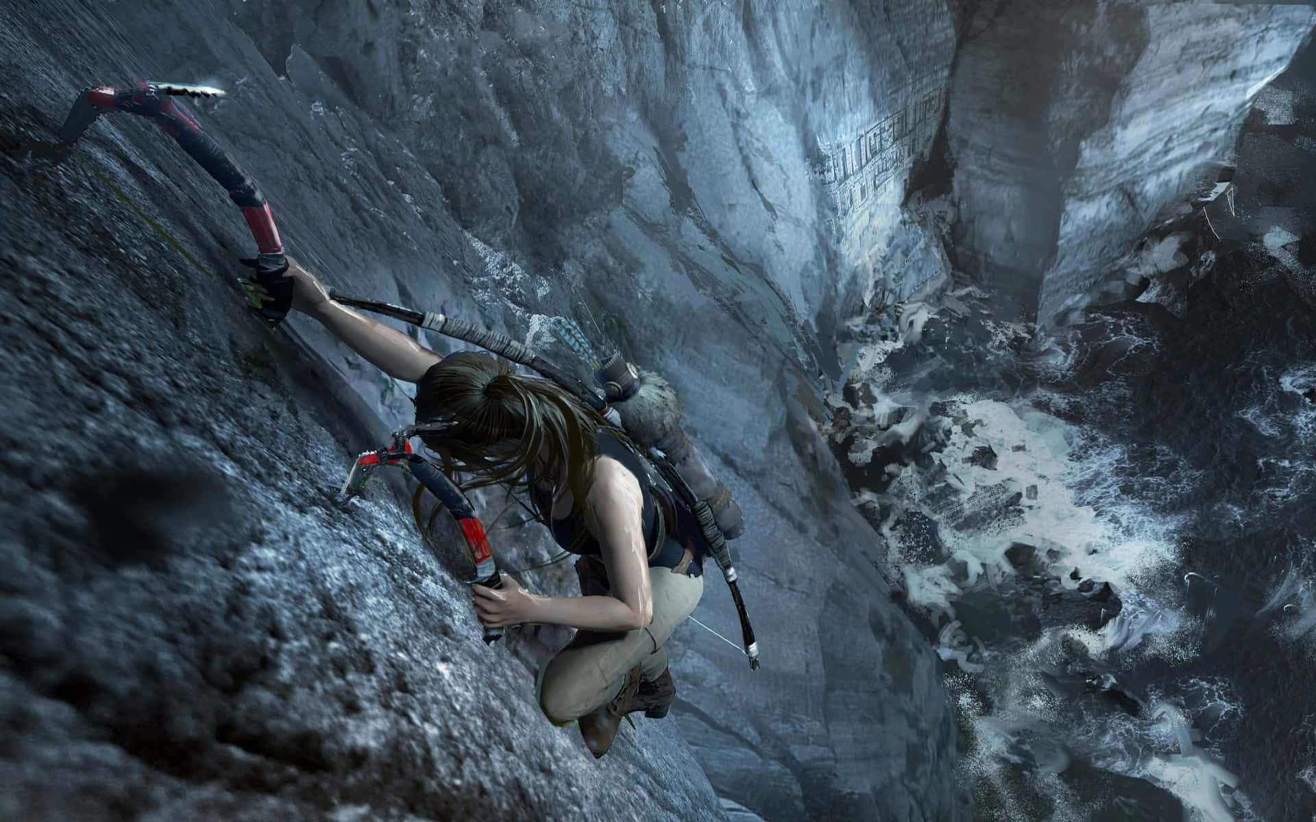 A Woman Is Climbing A Cliff With A Sword Wallpaper