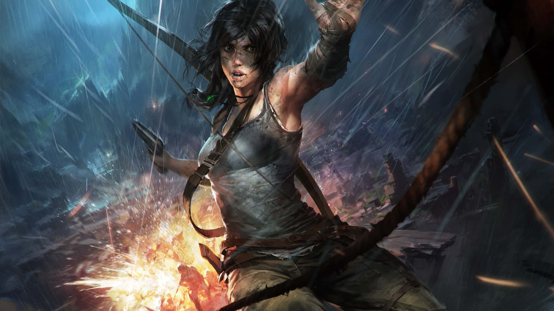 Tomb Raider er i luften med en bue og pil. Wallpaper