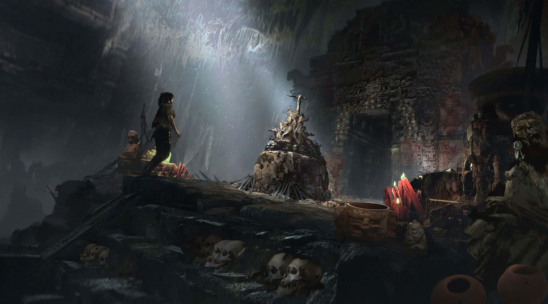 Udforsk skjulte gravkamre og jagt efter hemmeligheder i den episke adventure af Shadow of the Tomb Raider Wallpaper