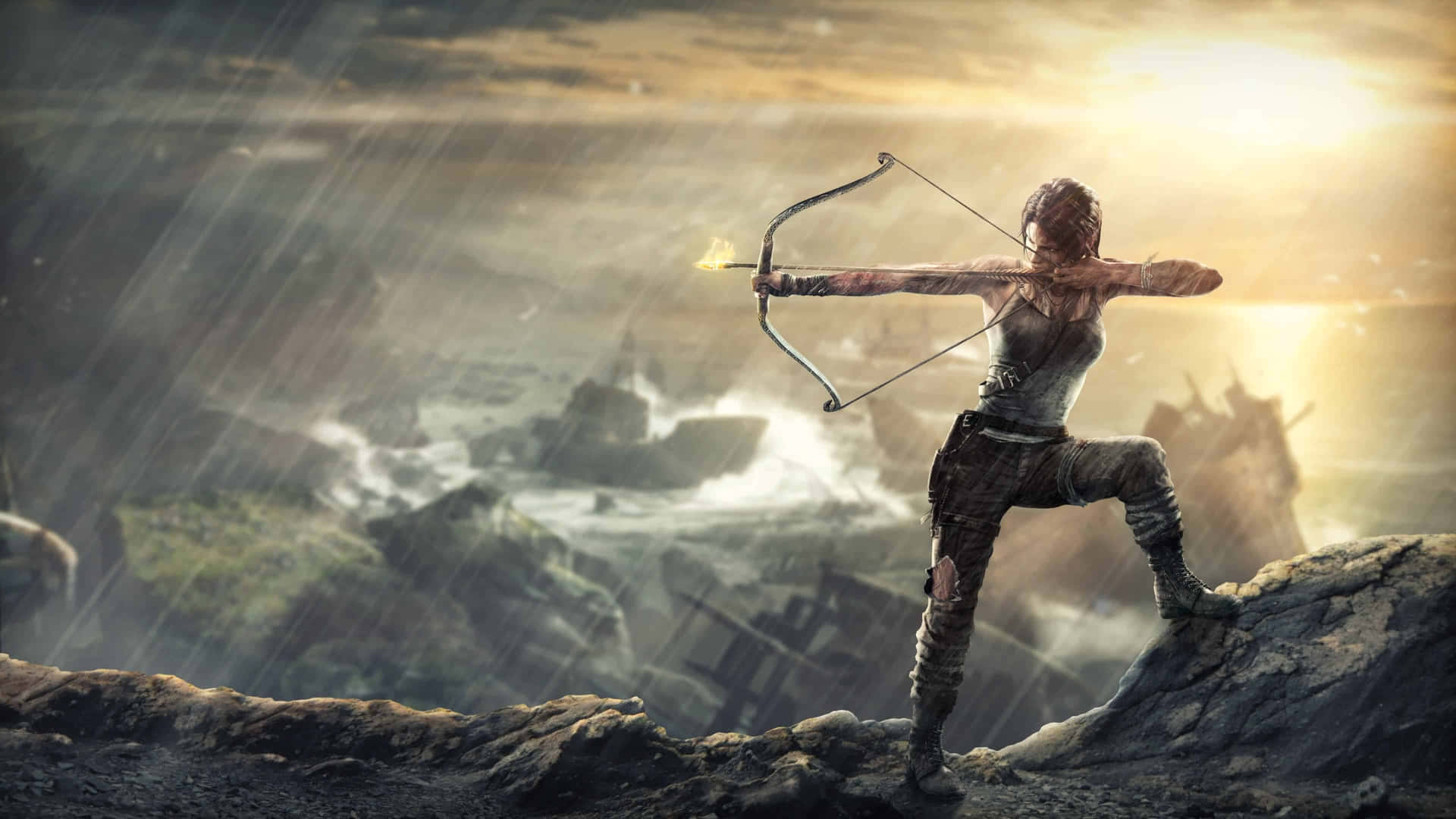 A Woman Is Aiming A Bow At A Mountain Wallpaper