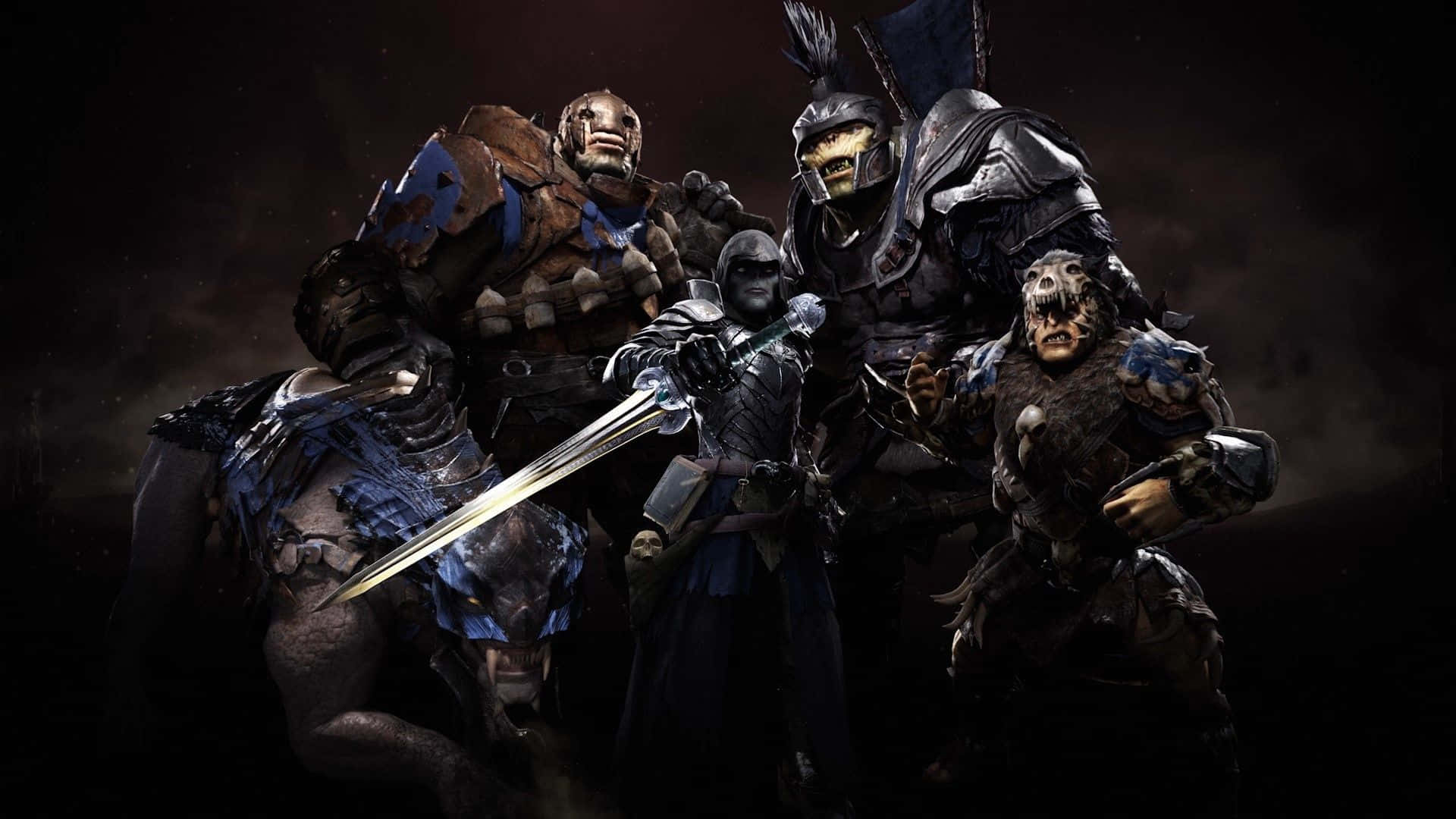 A Group Of Characters In Armor Standing In Front Of A Dark Background